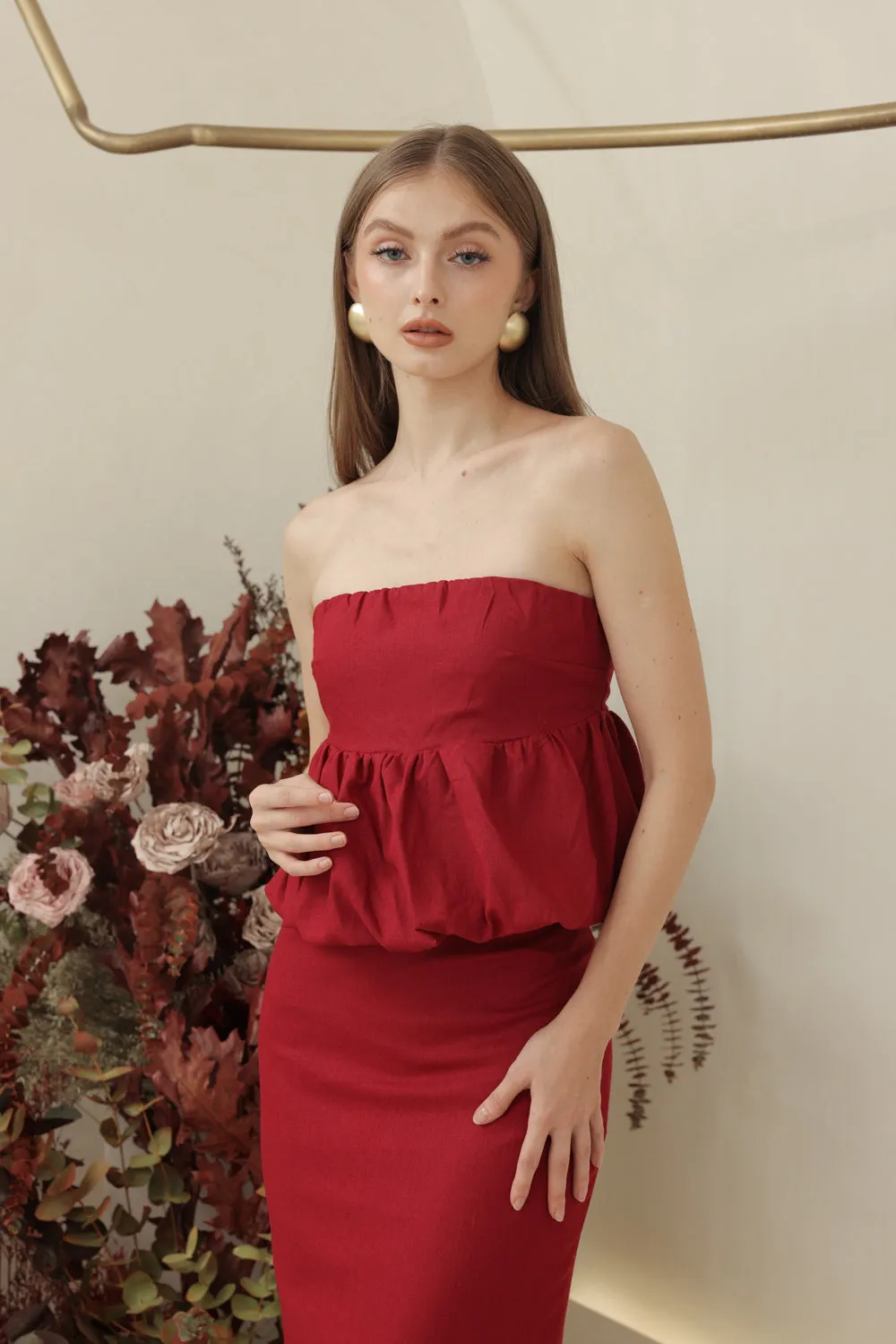 BIJOU DRESS Strapless Peplum Top and Pencil Skirt (Maroon Linen)