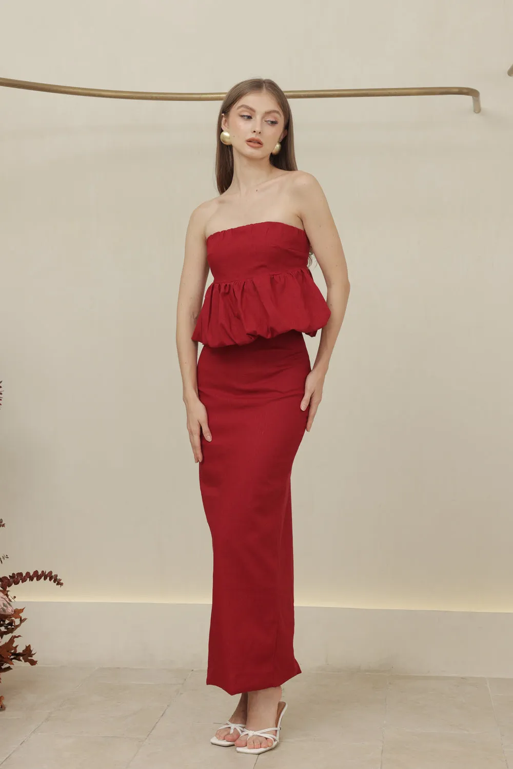 BIJOU DRESS Strapless Peplum Top and Pencil Skirt (Maroon Linen)