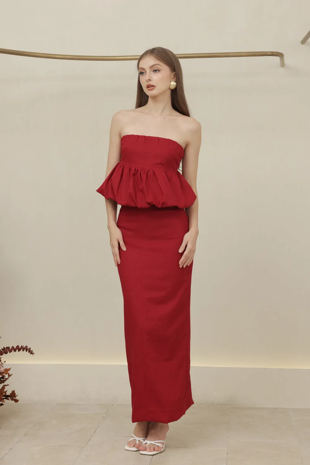 BIJOU DRESS Strapless Peplum Top and Pencil Skirt (Maroon Linen)