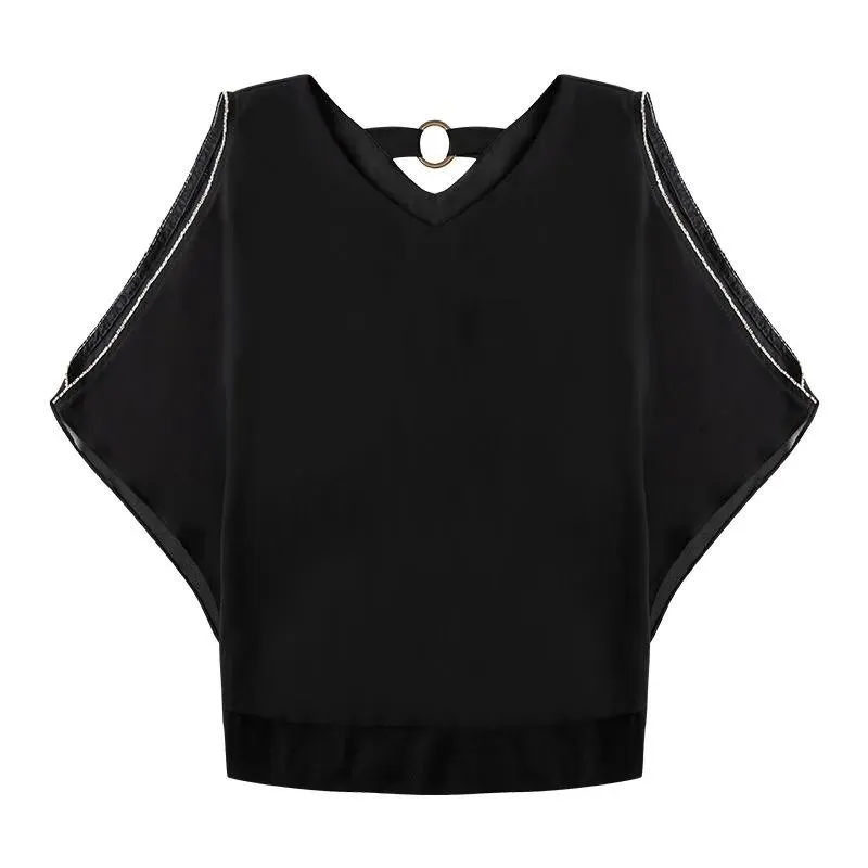 Black Short-sleeved Chiffon T-Shirts Loose V-neck Hollow Top Lace T-Shirts Women's Summer Off-shoulder Blouse Loose Ruffled Chain Top Temperament Blouses