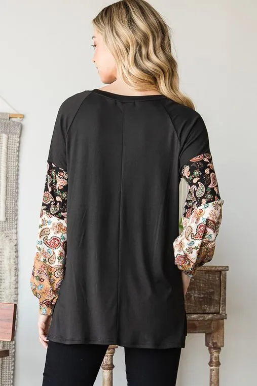 Black Top with Paisley Print Sleeve