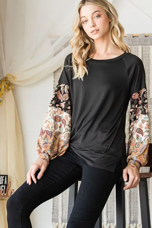 Black Top with Paisley Print Sleeve