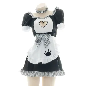 BLACK WHITE PLAID HOLLOW LOVE CAT MAID OUTFIT UB2601