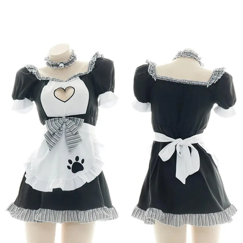 BLACK WHITE PLAID HOLLOW LOVE CAT MAID OUTFIT UB2601
