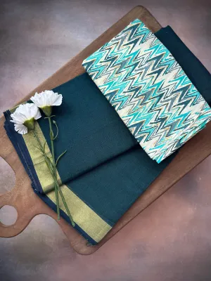 Blouse Printed Cotton   Deep Green zari Border
