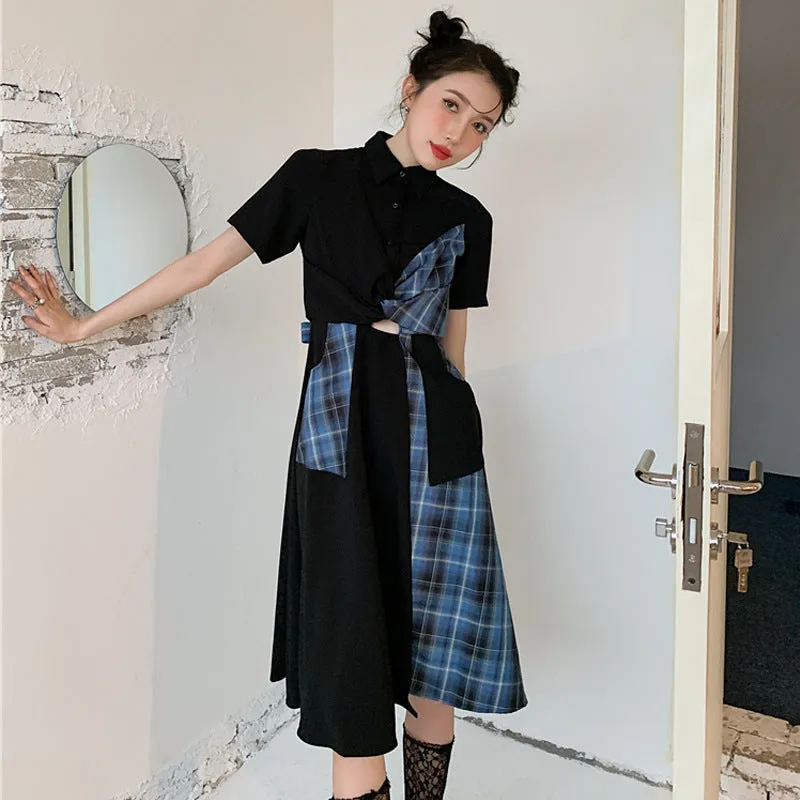 BLUE BLACK PLAID COLOR BLOCK DRESS UB2836