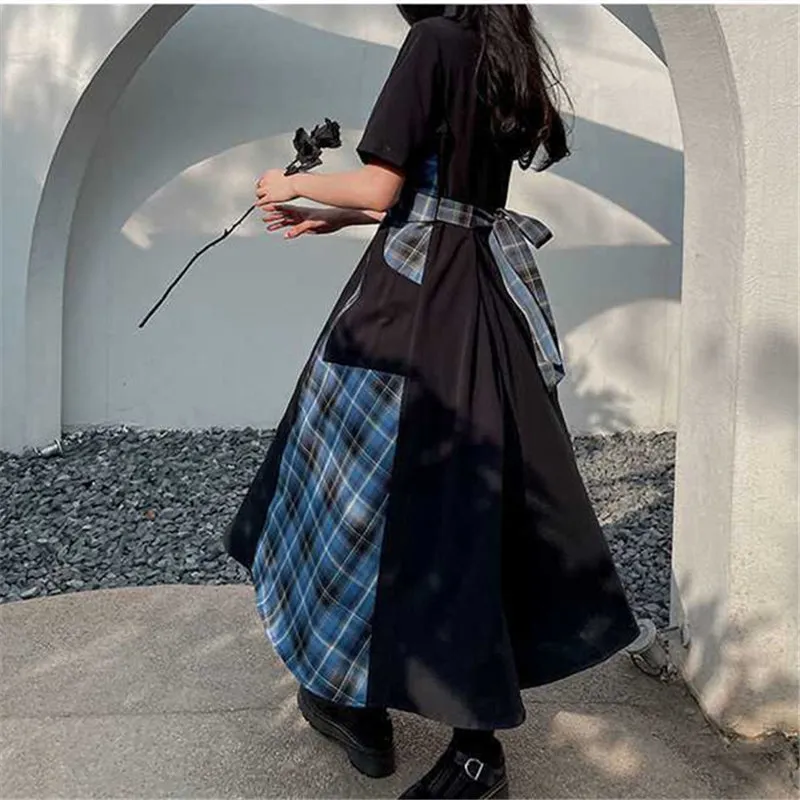 BLUE BLACK PLAID COLOR BLOCK DRESS UB2836