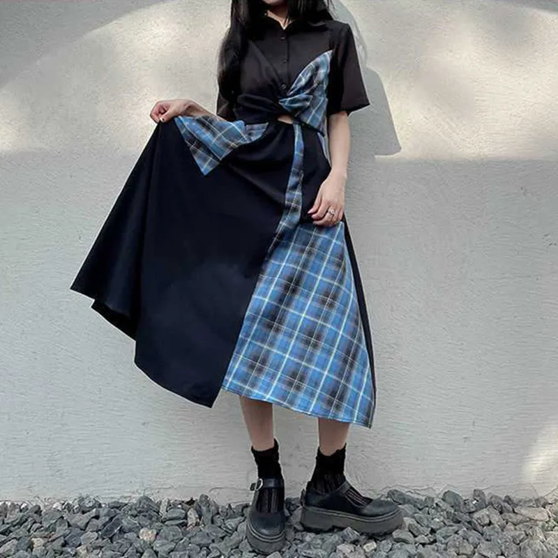 BLUE BLACK PLAID COLOR BLOCK DRESS UB2836