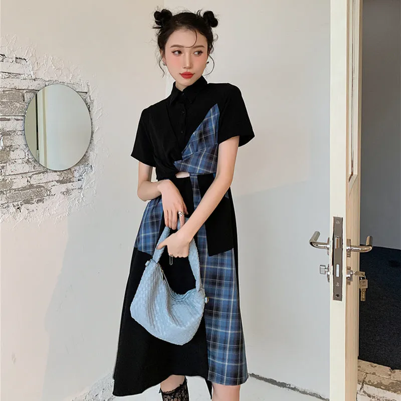 BLUE BLACK PLAID COLOR BLOCK DRESS UB2836