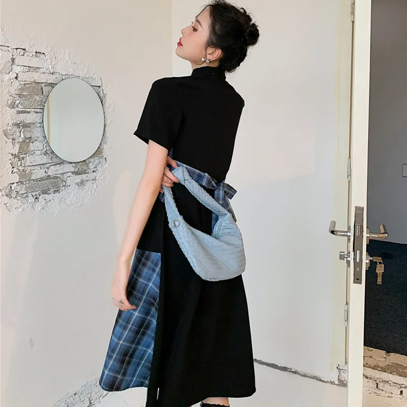 BLUE BLACK PLAID COLOR BLOCK DRESS UB2836