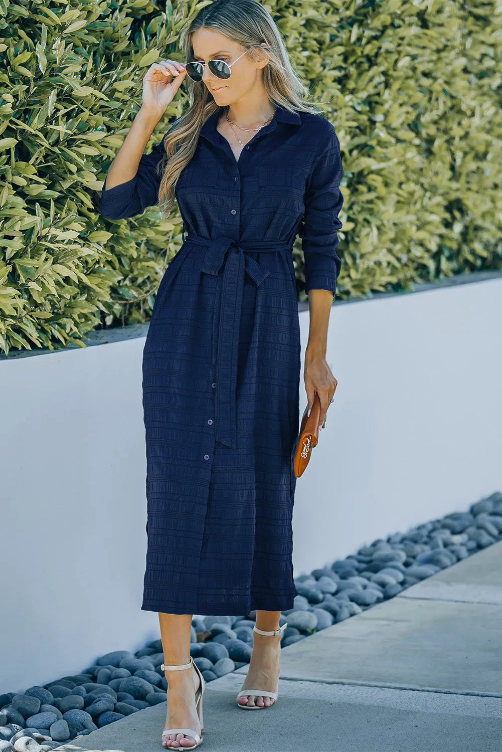Blue Crinkle Textured Long Sleeve Shirt Dress with Belt