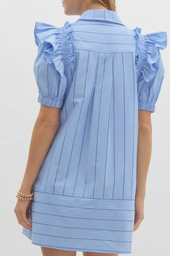 Blue Striped Short Sleeve Shirt Dress