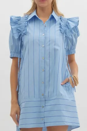 Blue Striped Short Sleeve Shirt Dress