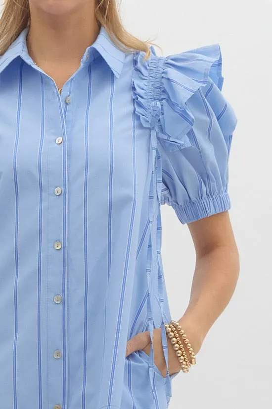 Blue Striped Short Sleeve Shirt Dress