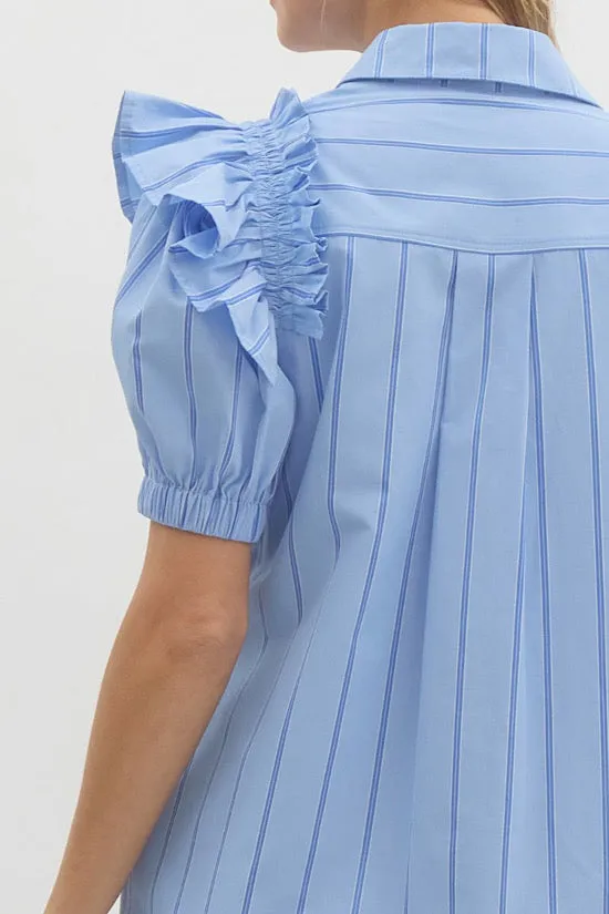 Blue Striped Short Sleeve Shirt Dress