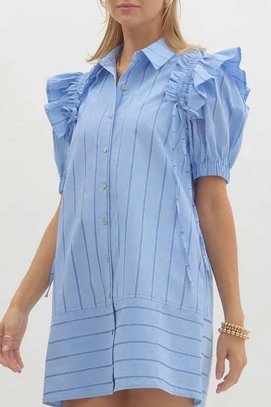 Blue Striped Short Sleeve Shirt Dress