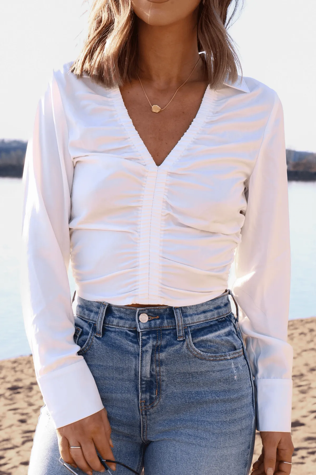 Bridal Bay White Cinched Long Sleeve Blouse