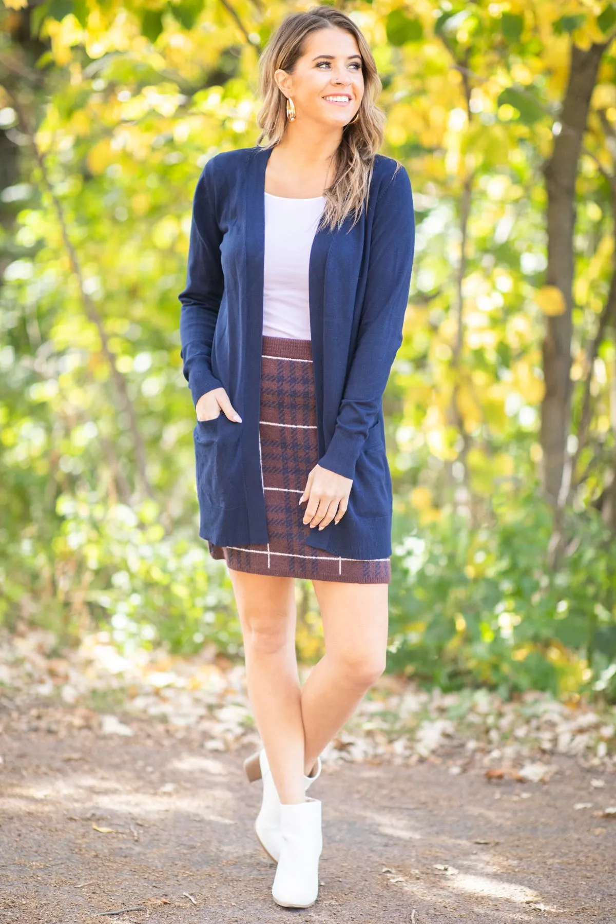 Brown and Navy Plaid Knit Skirt
