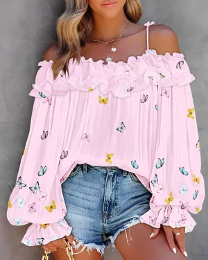 Butterfly Print Off the Shoulder Ruffles Blouse Casual Lantern Sleeve Top