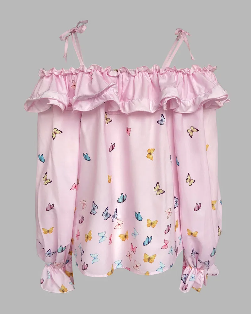 Butterfly Print Off the Shoulder Ruffles Blouse Casual Lantern Sleeve Top