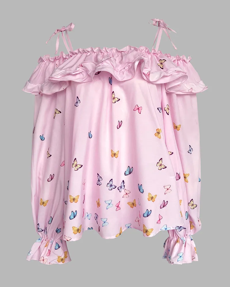 Butterfly Print Off the Shoulder Ruffles Blouse Casual Lantern Sleeve Top