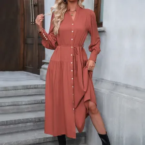 Button-Down Henley Collar Shirt Dress with Tie Waist and Tiered Skirt