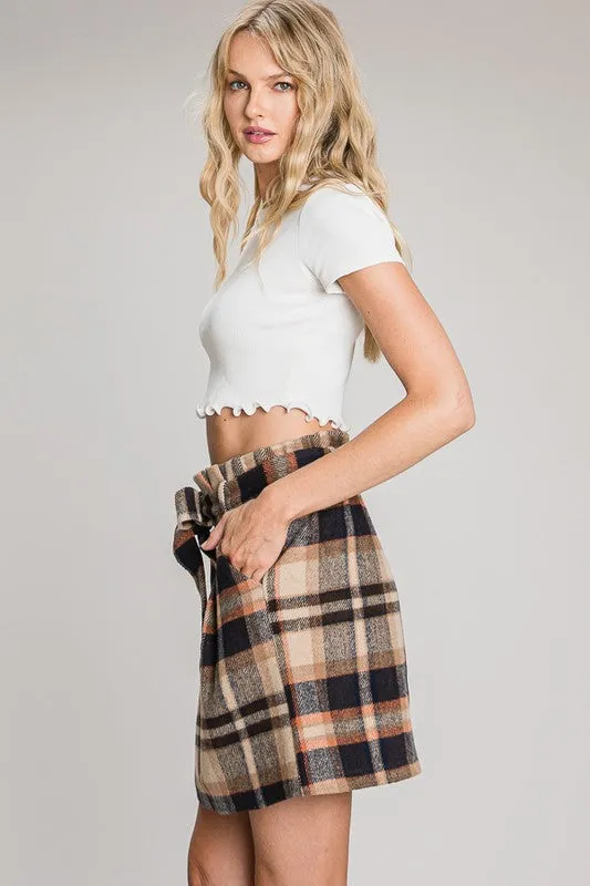 Camel and Navy Plaid Print Waist Tie Skirt