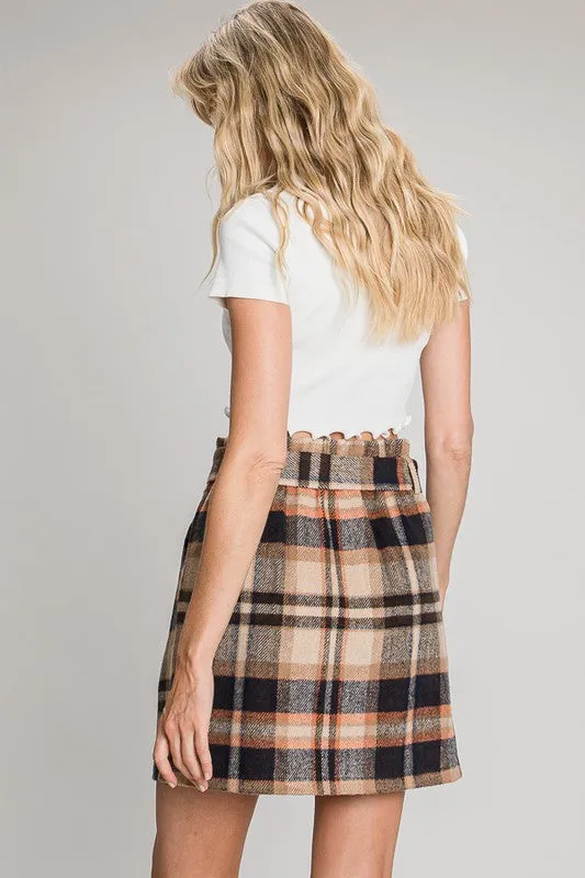 Camel and Navy Plaid Print Waist Tie Skirt