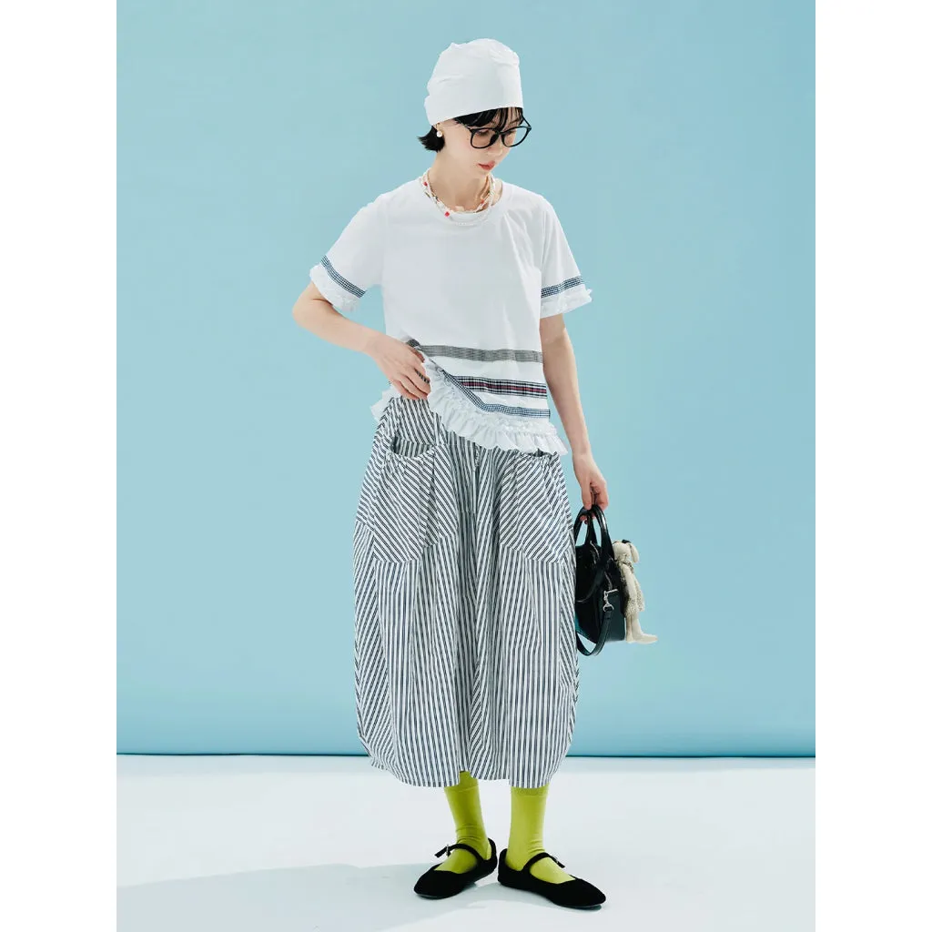 Casual Plaid Lace T-Shirt with Color Block Design