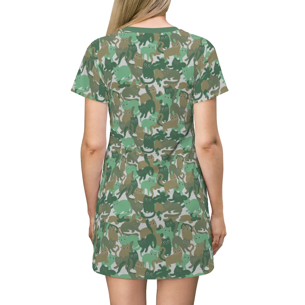 Catmaflage - Green - All Over Print T-Shirt Dress