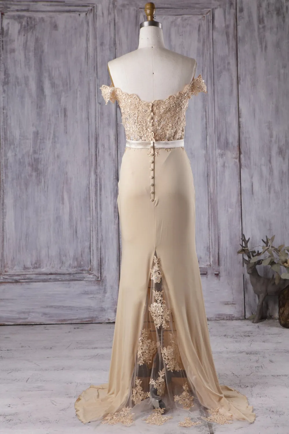 Champagne Long Bridesmaid Dresses with Beaded Lace Off-the-shoulder