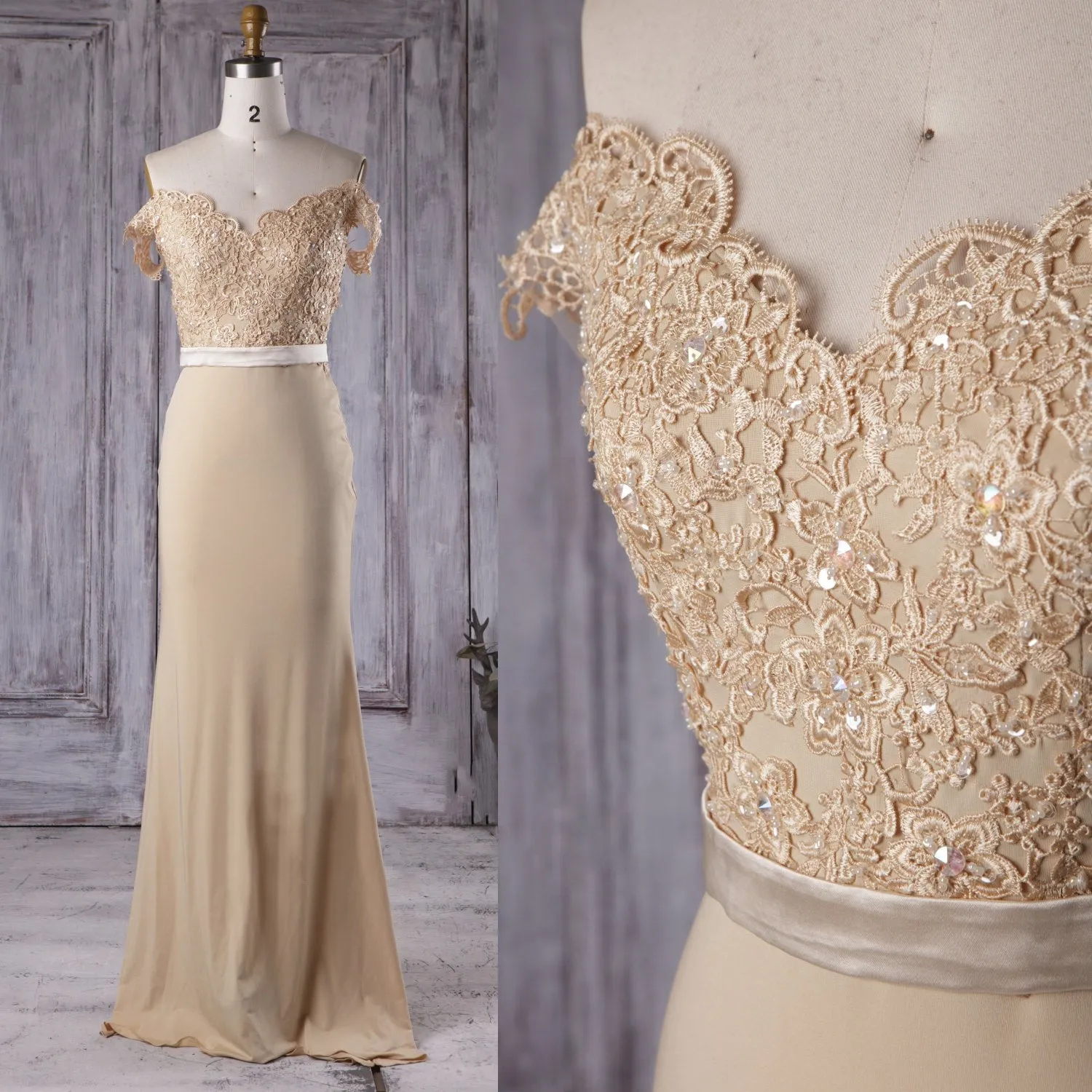 Champagne Long Bridesmaid Dresses with Beaded Lace Off-the-shoulder