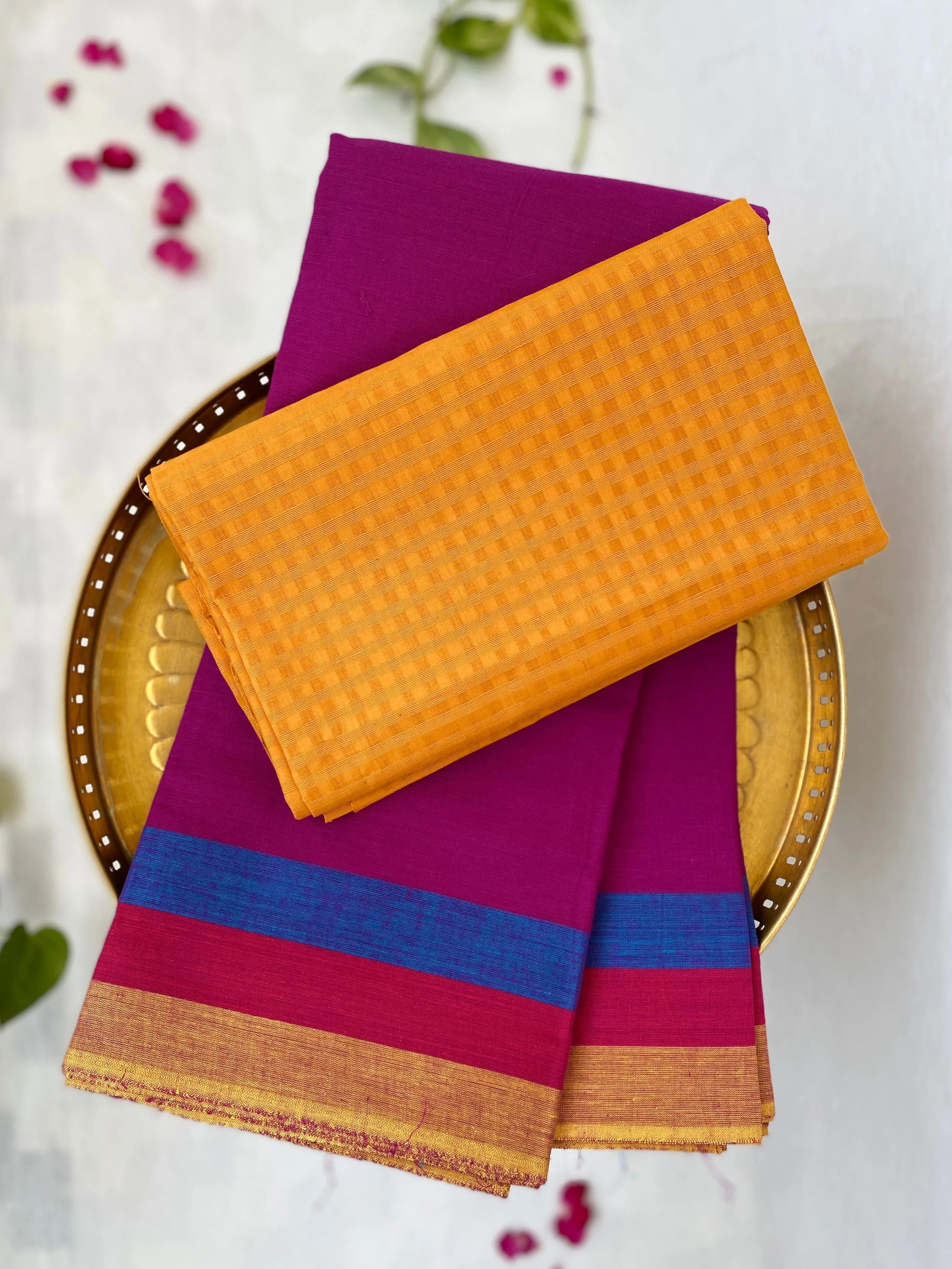 Checkered Mustard Cotton blouse  Magenta Practice Saree