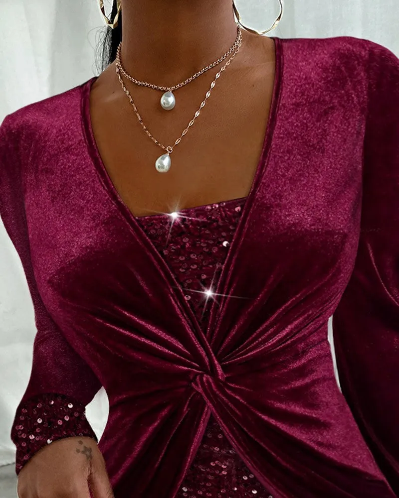 Contrast Sequin Twisted Velvet Top