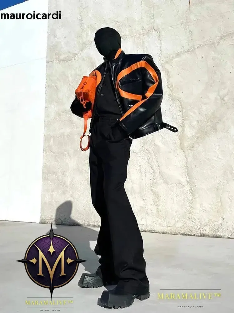 Cool Loose Orange and Black Color Block Faux Leather Jacket Men Luxury Designer Zip Up Clothes 2023