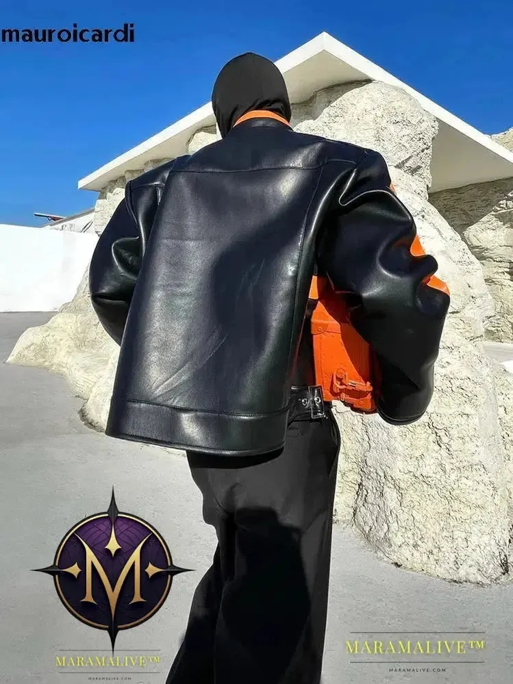 Cool Loose Orange and Black Color Block Faux Leather Jacket Men Luxury Designer Zip Up Clothes 2023