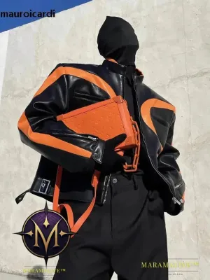 Cool Loose Orange and Black Color Block Faux Leather Jacket Men Luxury Designer Zip Up Clothes 2023