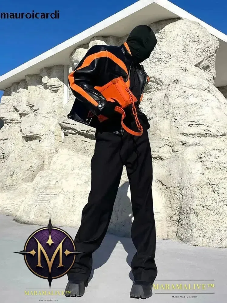 Cool Loose Orange and Black Color Block Faux Leather Jacket Men Luxury Designer Zip Up Clothes 2023