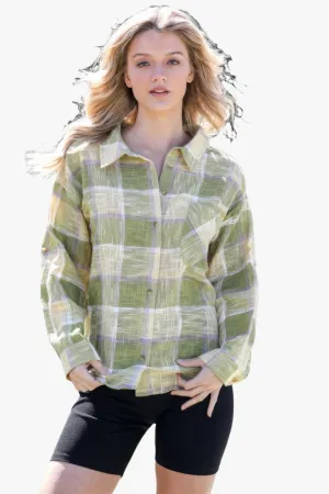 Cotton & Linen Blend Textured Plaid Shirt Top