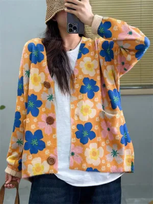 Cute Cartoon Print V Neck Button Long Sleeve Jacket for Women