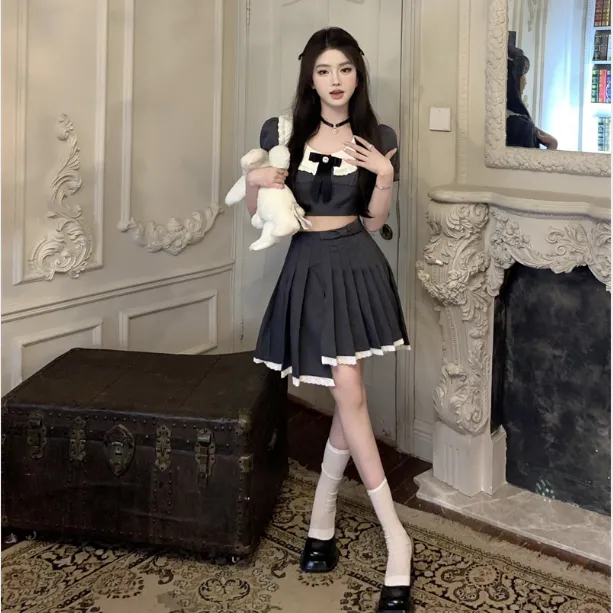 CUTE GREY TOPS   SKIRT  SUIT KF83915