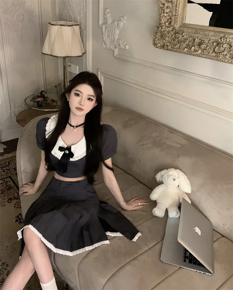 CUTE GREY TOPS   SKIRT  SUIT KF83915