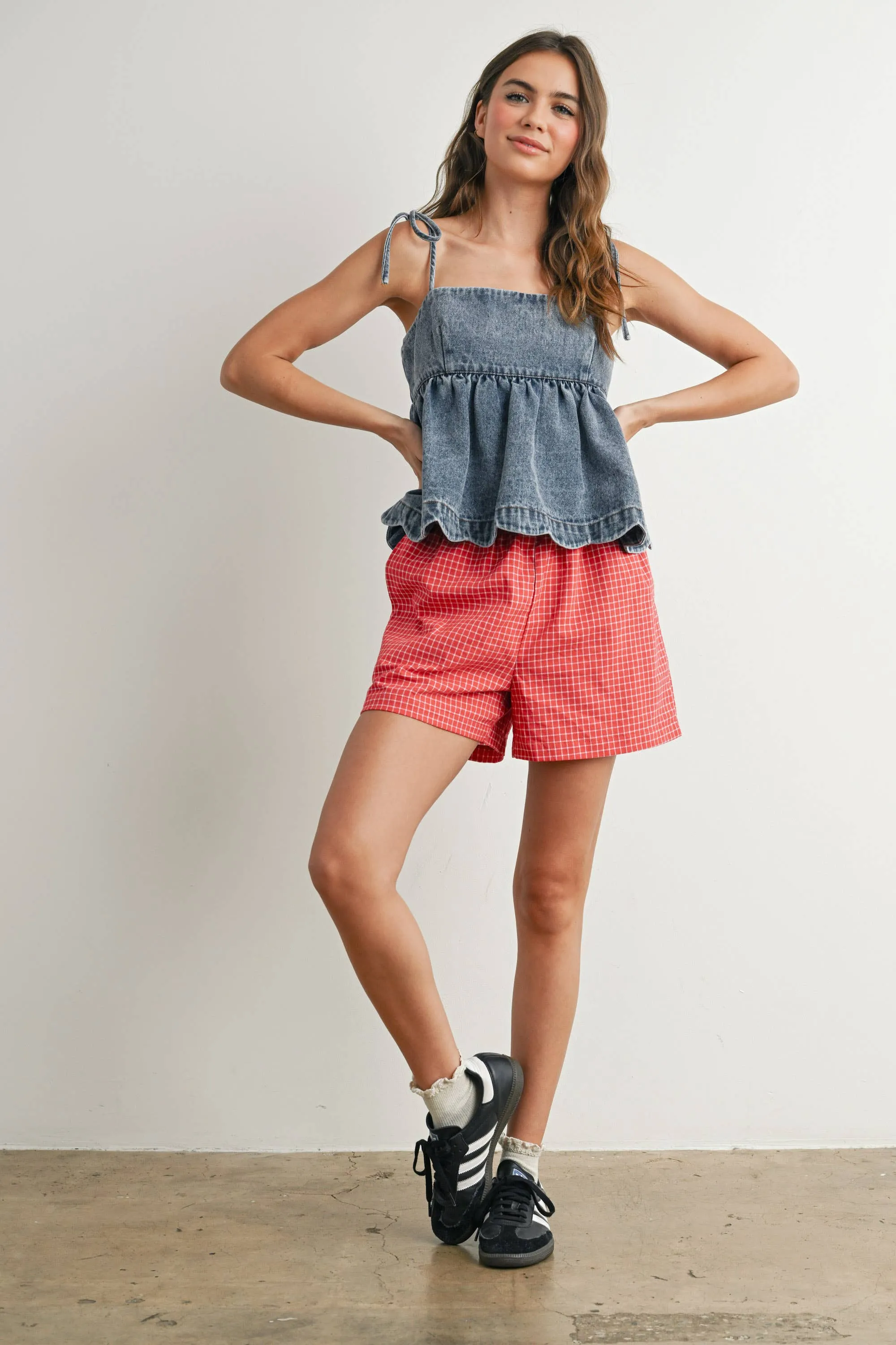 Denim Tie-Strap Peplum Top