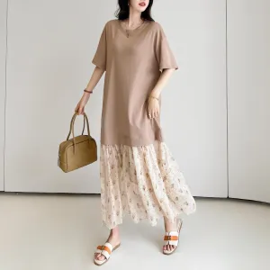 Elegant Round Neck Women's T-Shirt Dress with Patchwork Design