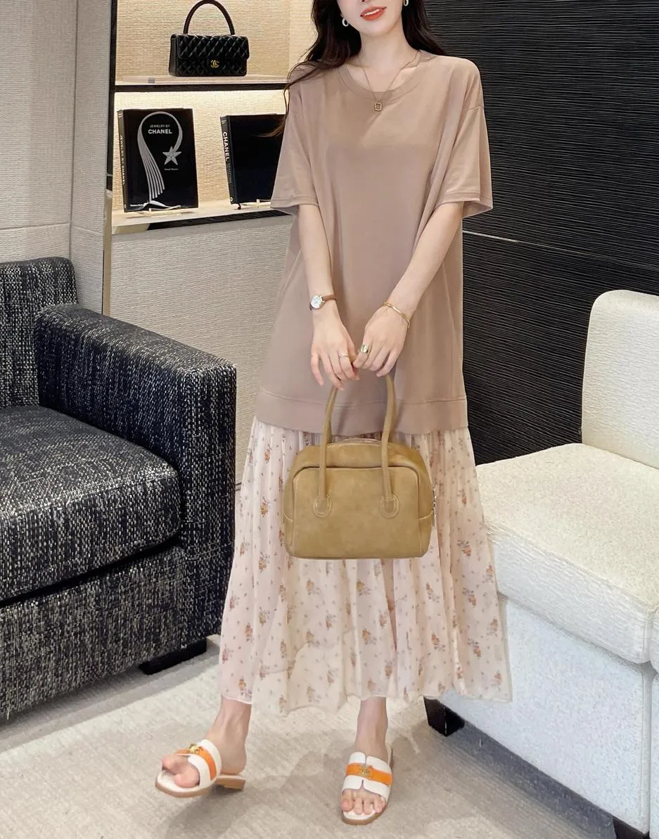 Elegant Round Neck Women's T-Shirt Dress with Patchwork Design