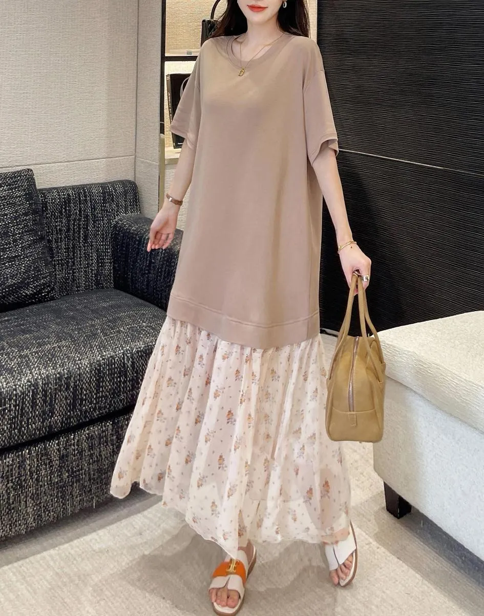 Elegant Round Neck Women's T-Shirt Dress with Patchwork Design