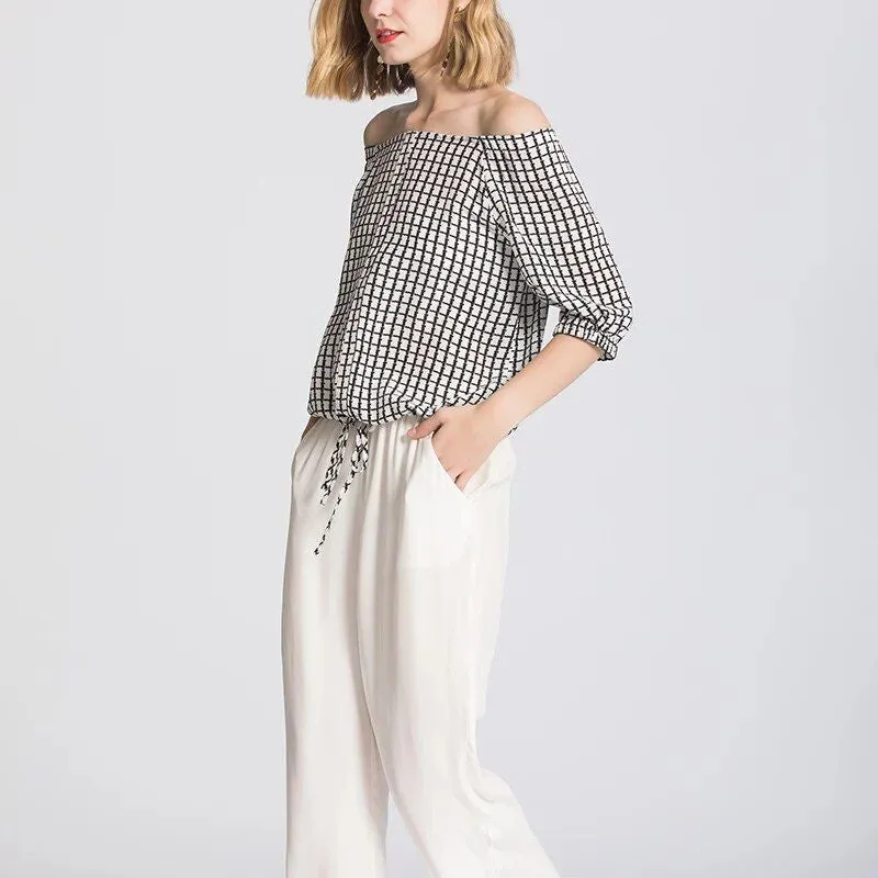 Elegant Silk Crepe Plaid Print T-Shirt