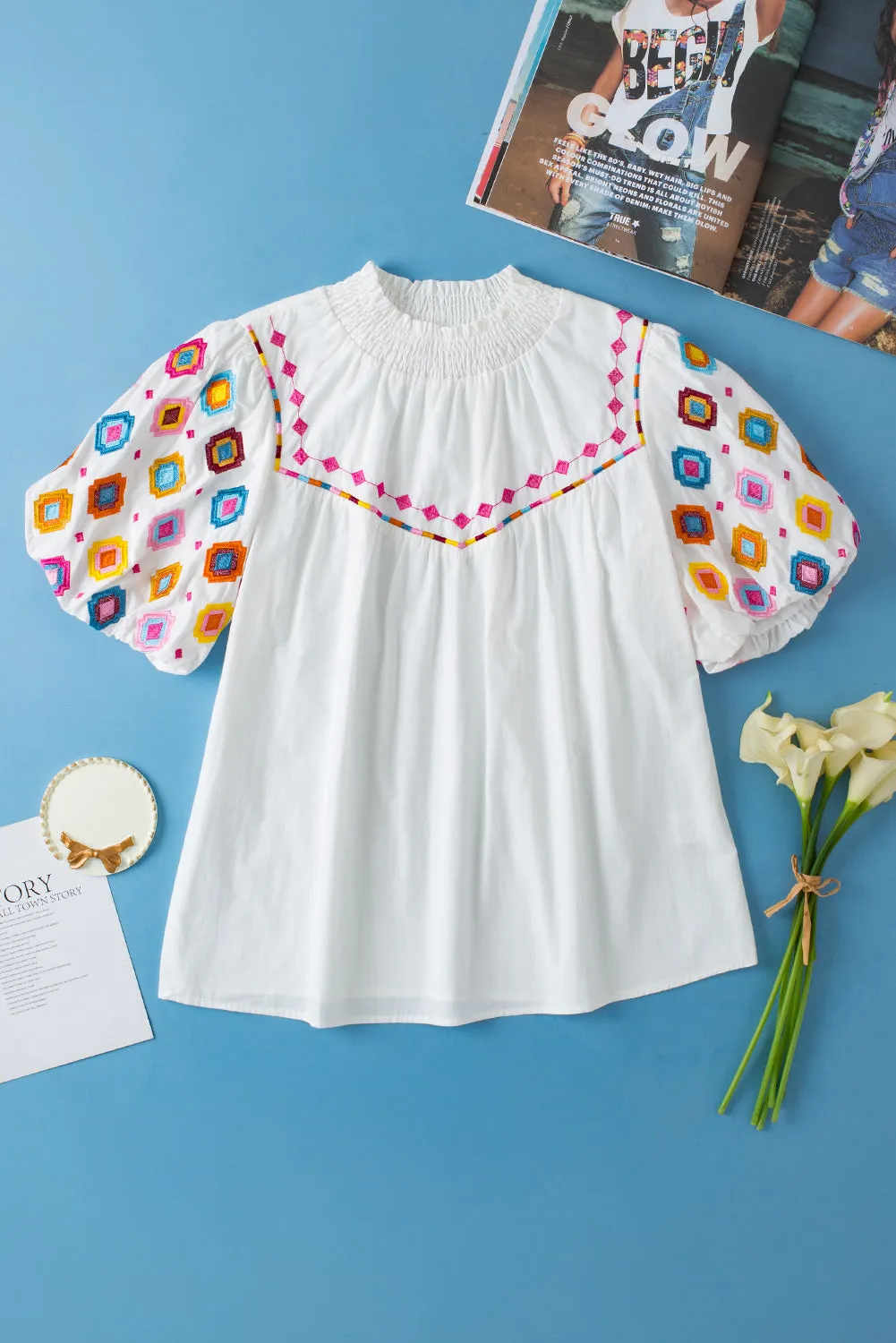 Esther Printed Mock Neck Puff Sleeve Blouse