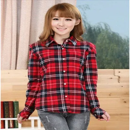 Fashion Plus Size Ladies Long Sleeve Casual Cotton Slim Plaid Shirt Women Tops Blouse Clothing Outerwear