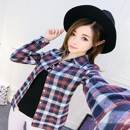 Fashion Plus Size Ladies Long Sleeve Casual Cotton Slim Plaid Shirt Women Tops Blouse Clothing Outerwear